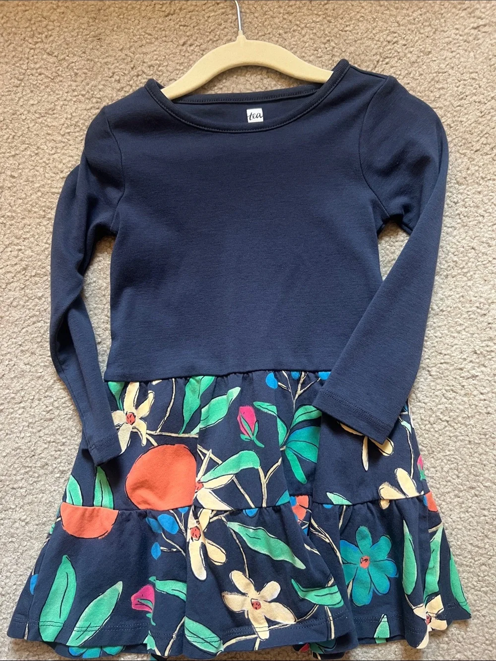 NWOT. Tea Collection Navy Floral Tiered Long-Sleeve Dress w/Bright Floral Print